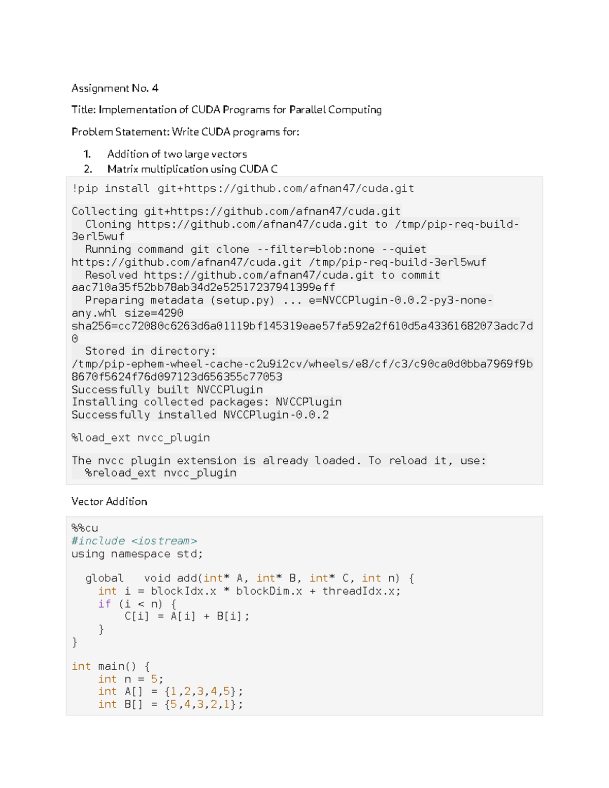 HPC Assignment 4: CUDA Programs for Parallel Computing - Studocu