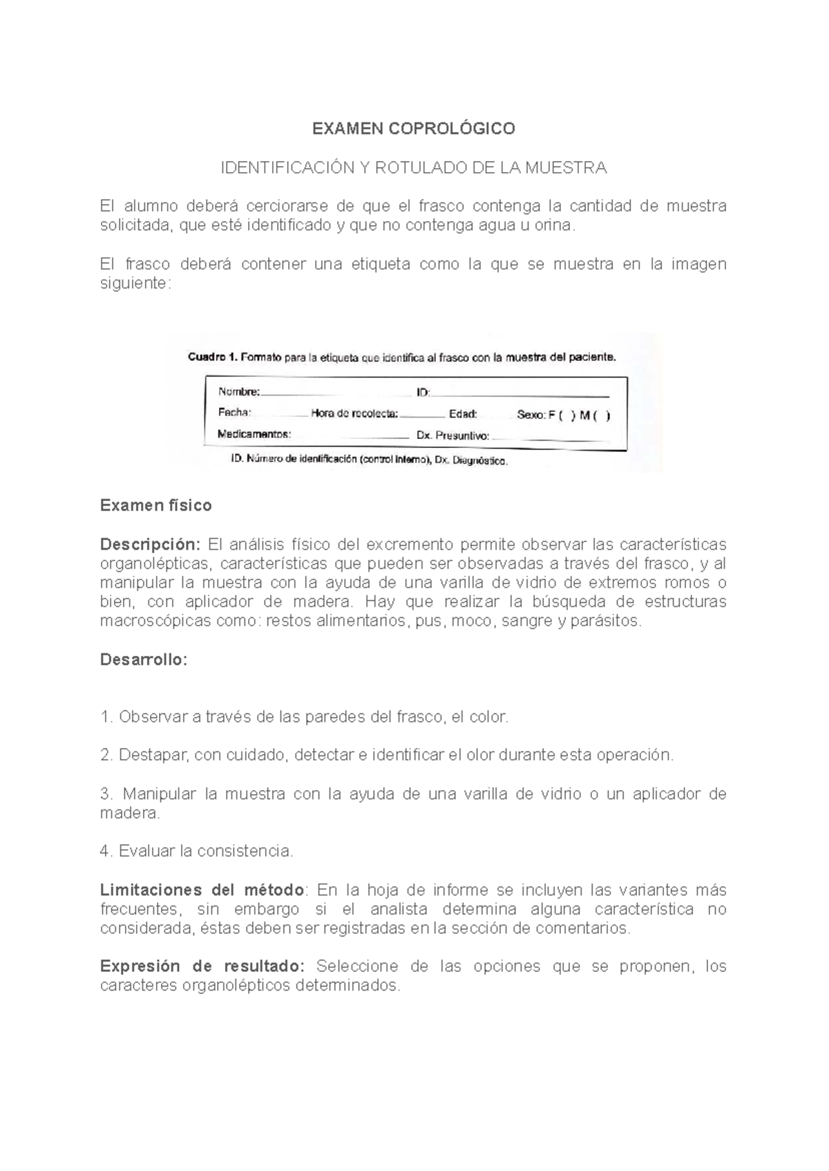 Examen Coprológico: Identificación y Análisis de Muestras - Studocu