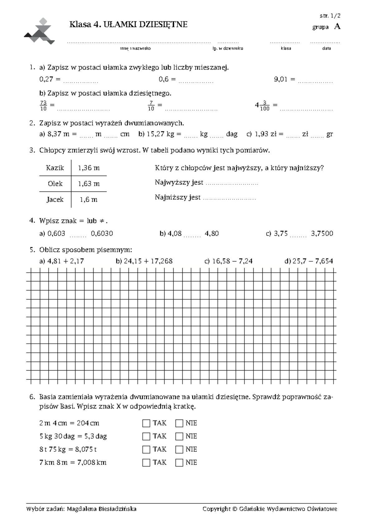 Sprawdzian Online Z Ułamków Dziesiętnych www.studocu.com