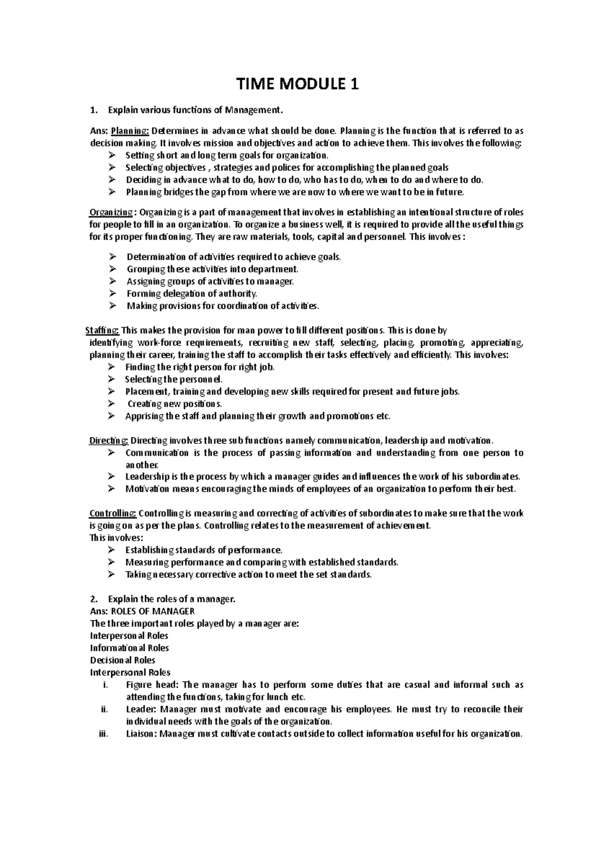 TIME Module 1 - Functions and Roles of Management Explained - Studocu
