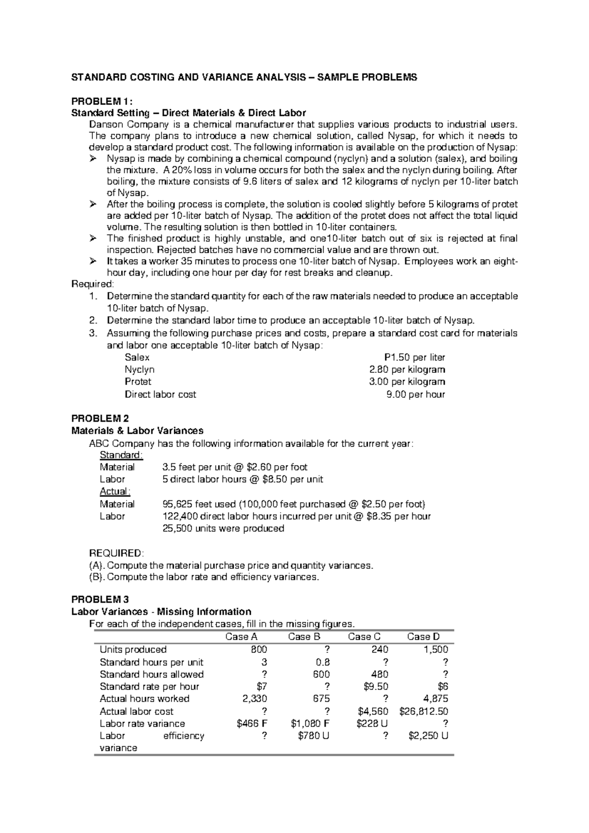 Feismo - Standard Costing & Variance Analysis Problems (Sample) - Studocu