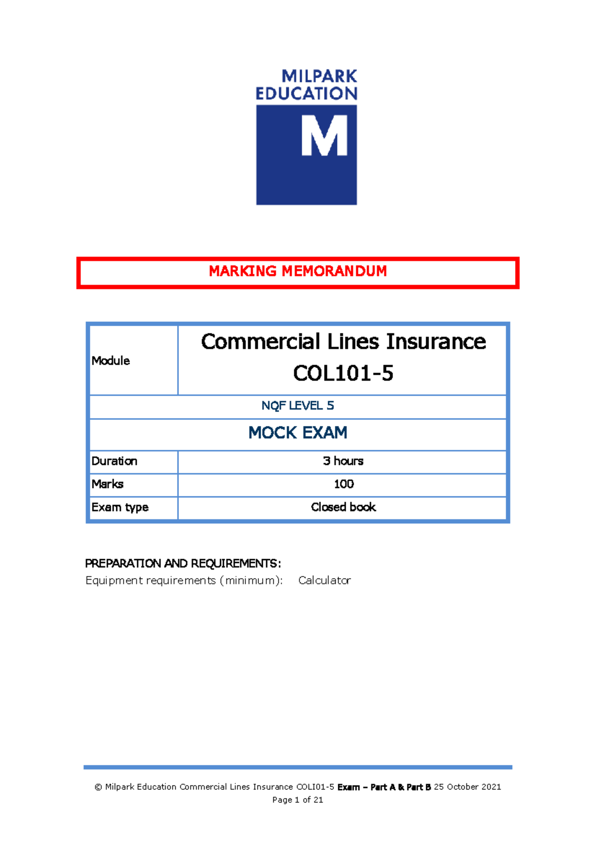 Mock Exam Notes for Commercial Lines Insurance COLI01-5 Semester 1 2022 ...
