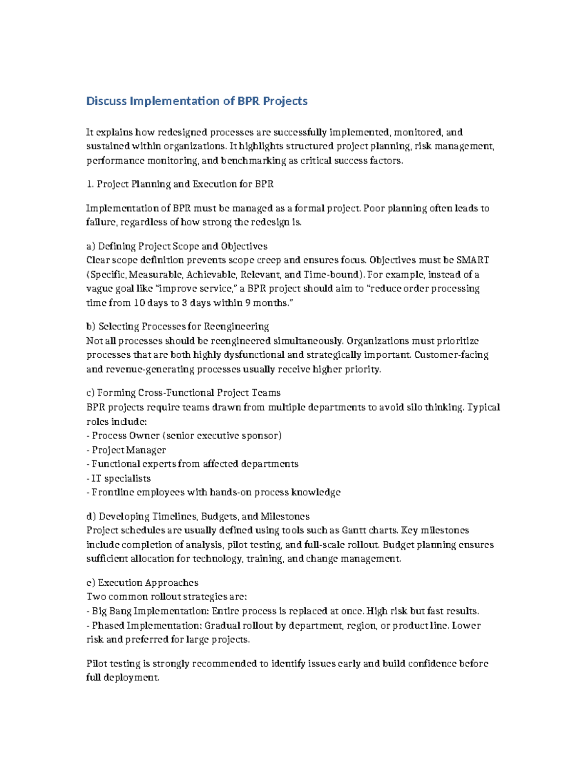 Implementation of BPR Projects: Strategies for Success - Studocu