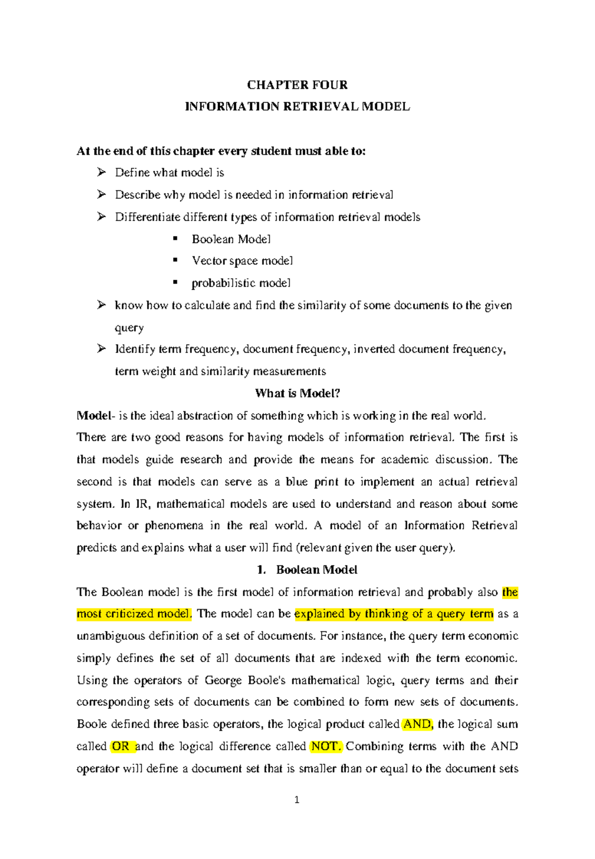 IR Chapter 4: Lecture Notes on Information Retrieval Models - Studocu