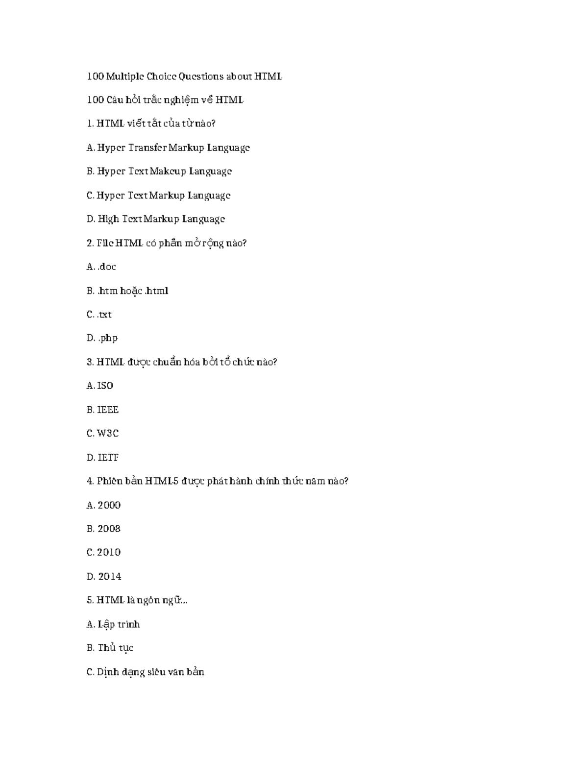 HTML 100 MCQs: Comprehensive Quiz on HTML Basics - Studocu