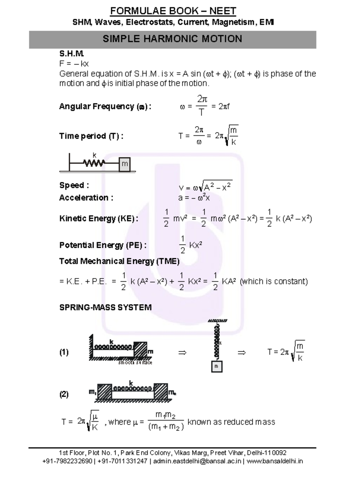 NEET Physics Formulae Book: Simple Harmonic Motion & Waves - Studocu