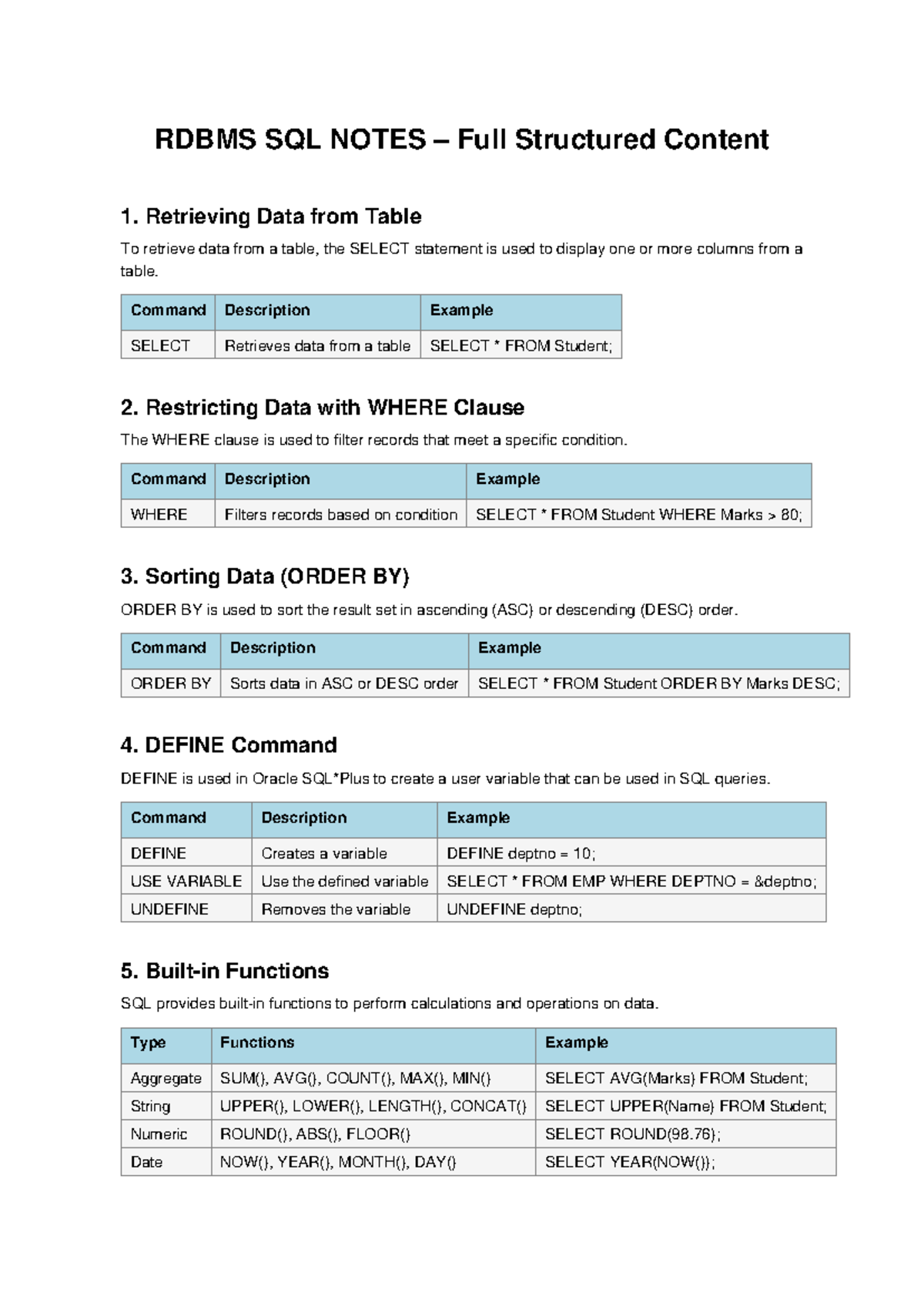 RDBMS SQL Notes: Key Commands & Functions Overview - Studocu