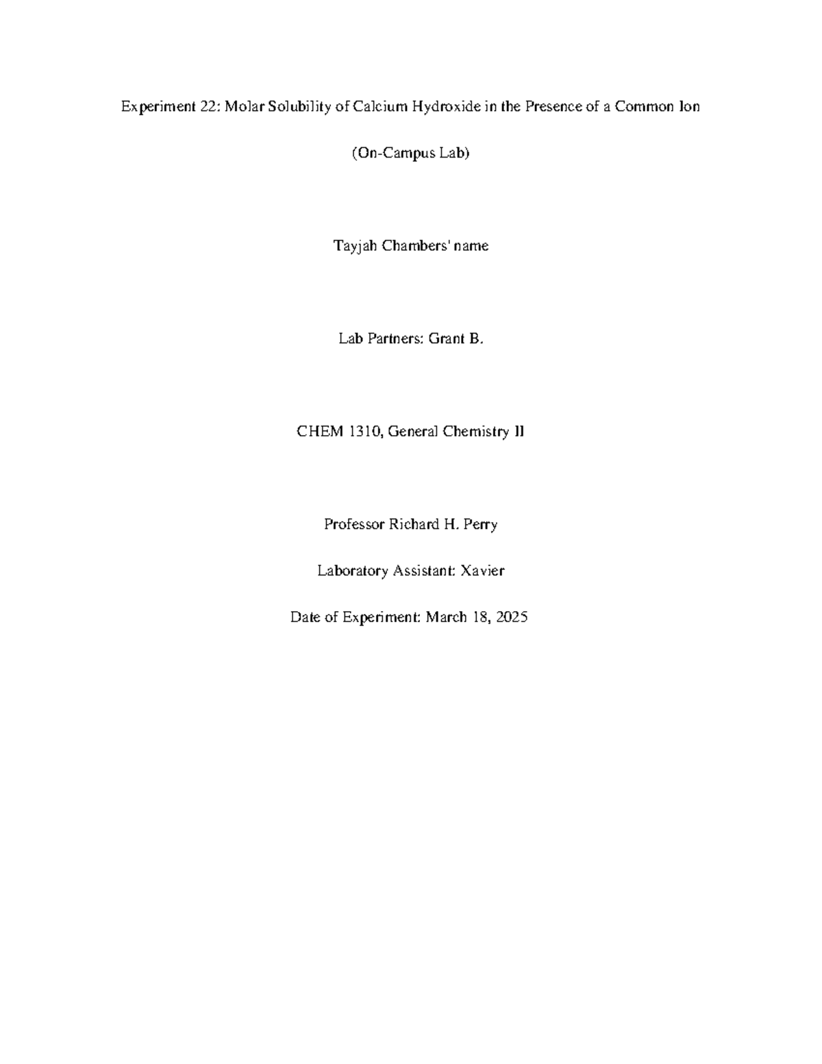 CHEM 1310 Exp 22 Molar Solubility of Ca(OH)₂ Results Report - Studocu