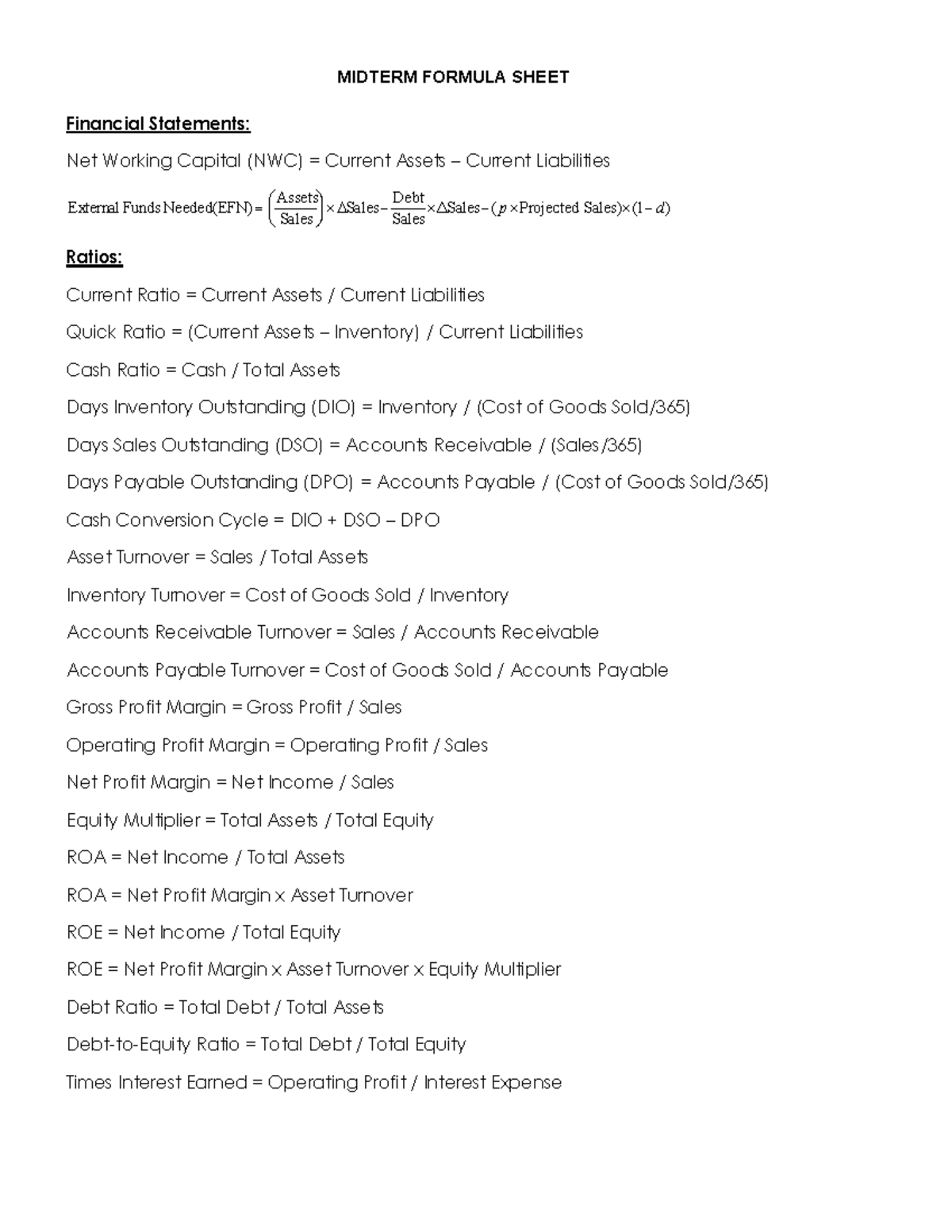 FIN 2000 Midterm Formula Sheet: Key Financial Ratios & Concepts - Studocu