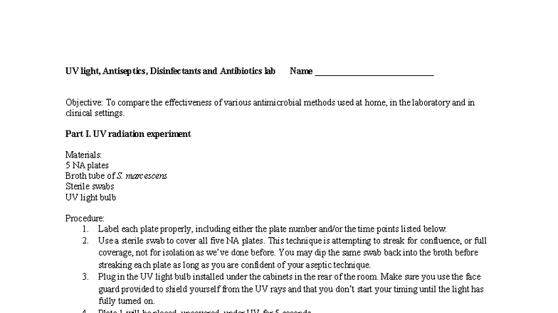 UV Light and Antimicrobial Methods Lab: Effectiveness Comparison - Studocu