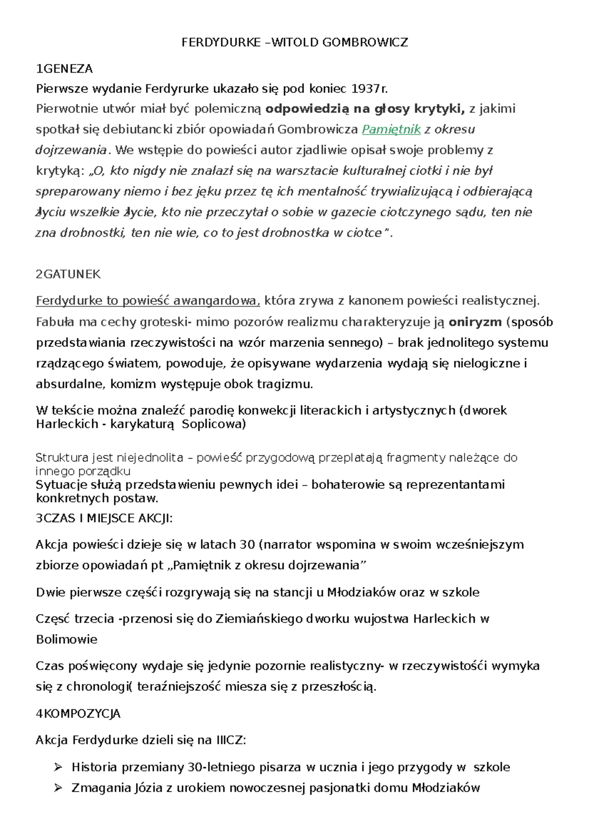 Ferdydurke - Notatki i materiały przydatne do matury z języka polskiego