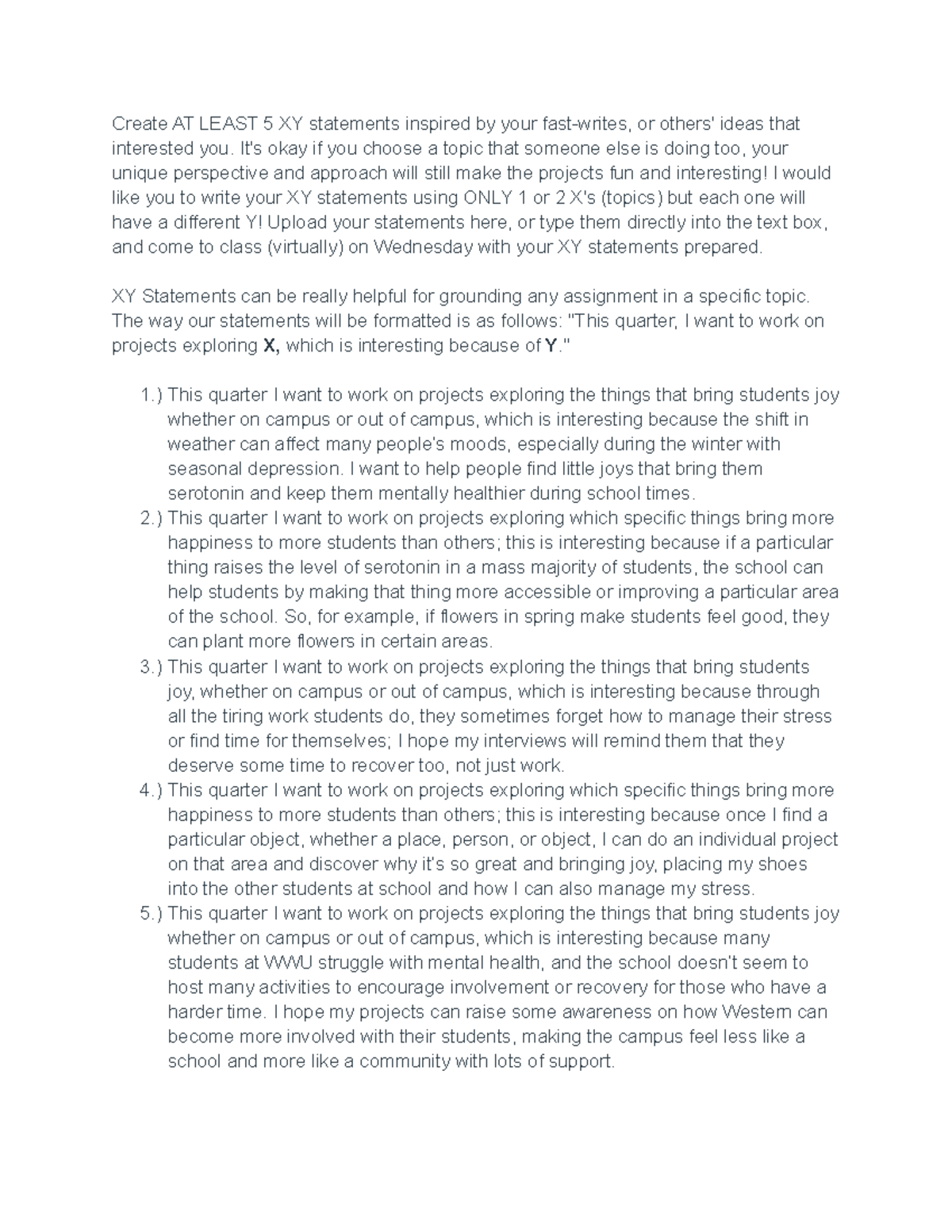 English XY Statements - Teacher: Grace D. Miller - Project Ideas - Studocu