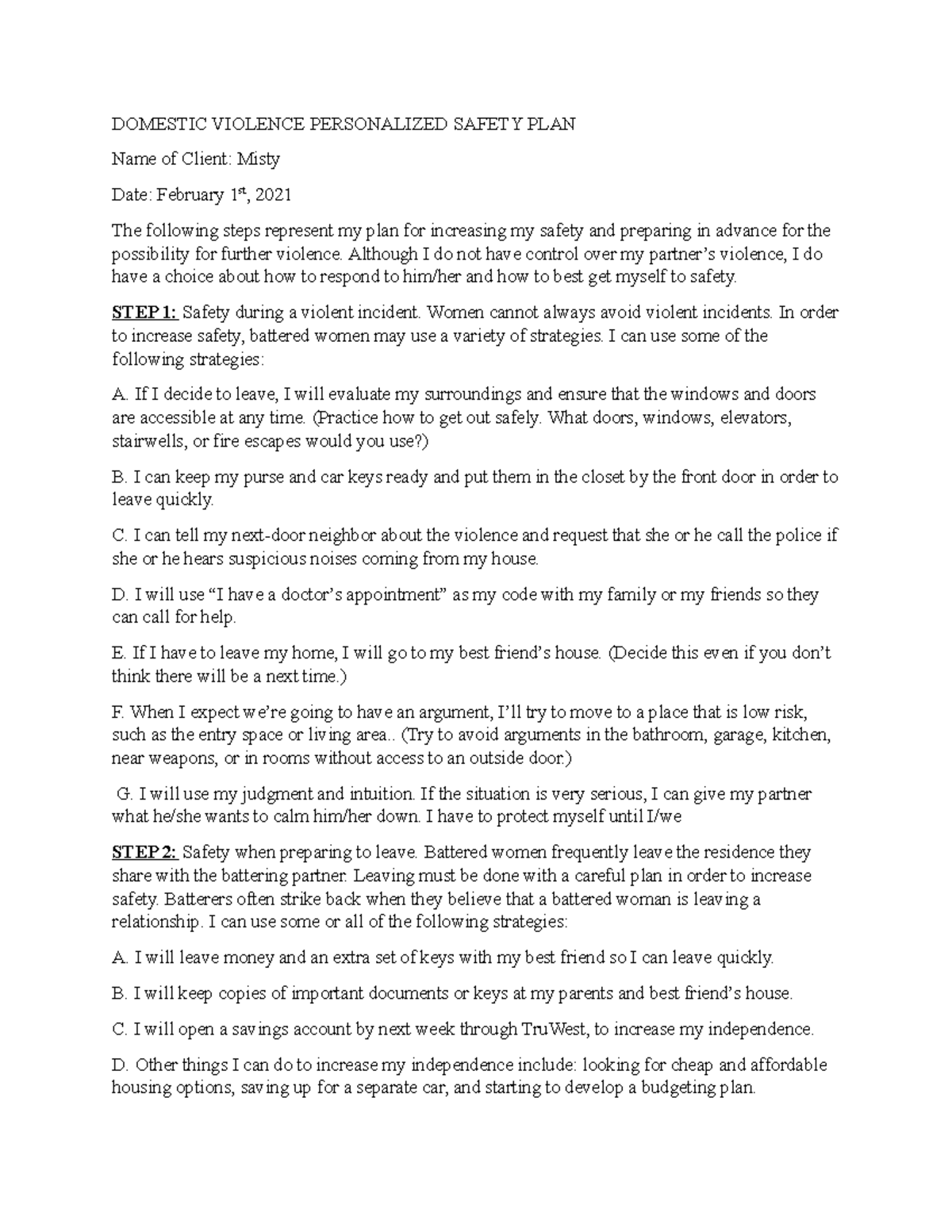 BHS-440 Personalized Domestic Violence Safety Plan Guide - Studocu