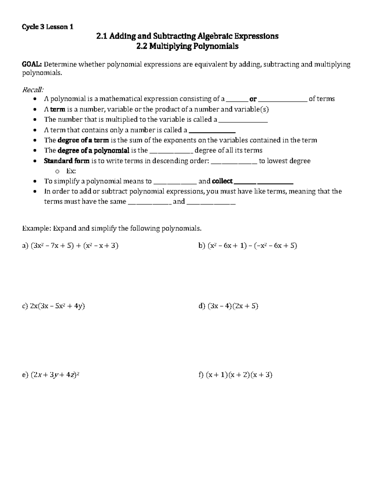 Cycle 3 Blank Lesson Practice Material - Cycle 3 Lesson 1 2. 1 Adding ...