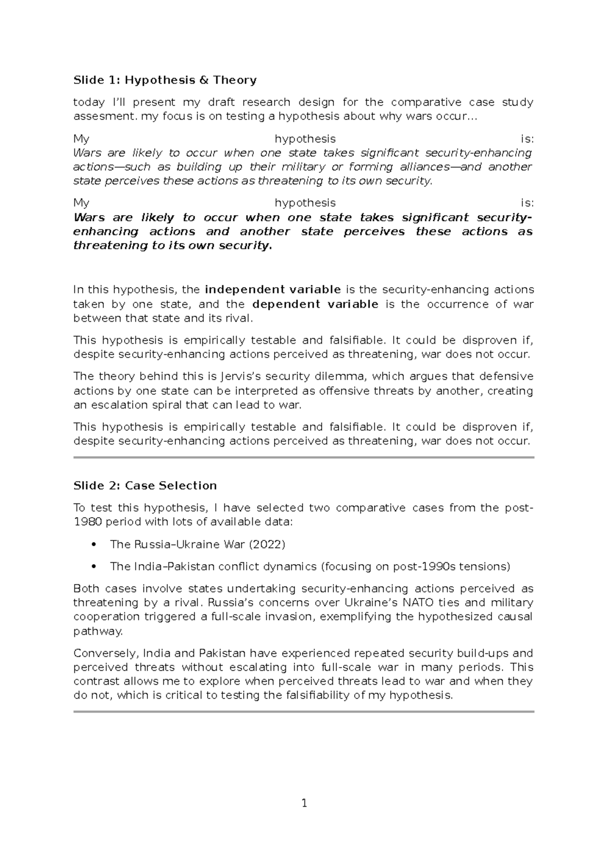 IR 301: Comparative Case Study on War Hypothesis Draft Notes - Studocu