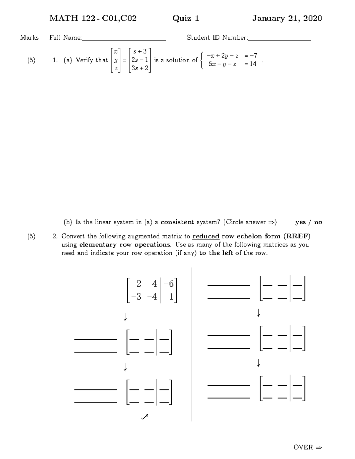 MATH 122 - C01,C02 Quiz 1 Questions and Solutions Summary - Studocu