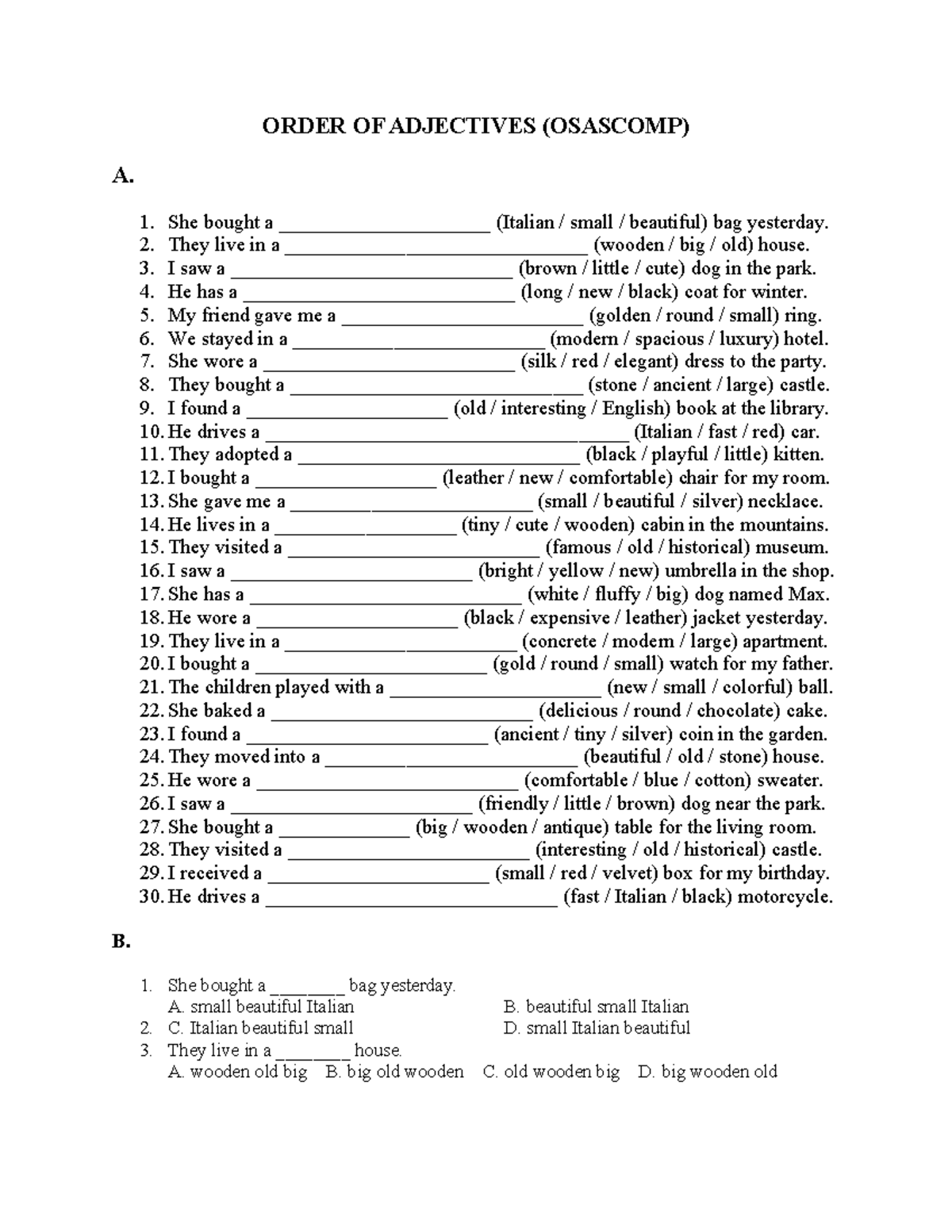 ORDER OF ADJECTIVES (OSASCOMP) - Practice Exercises and Examples - Studocu