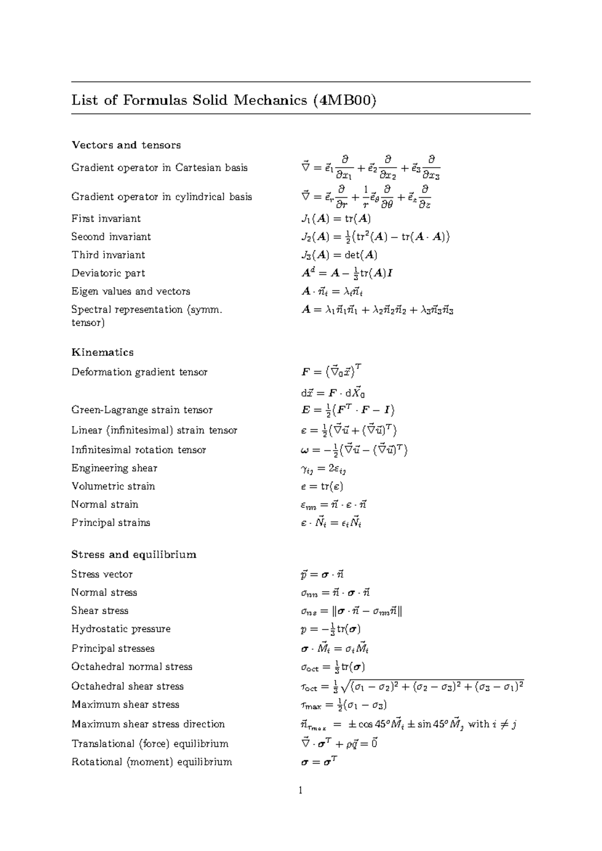 Formulas for Solid Mechanics (4MB00) - Vectors, Tensors & Stress ...