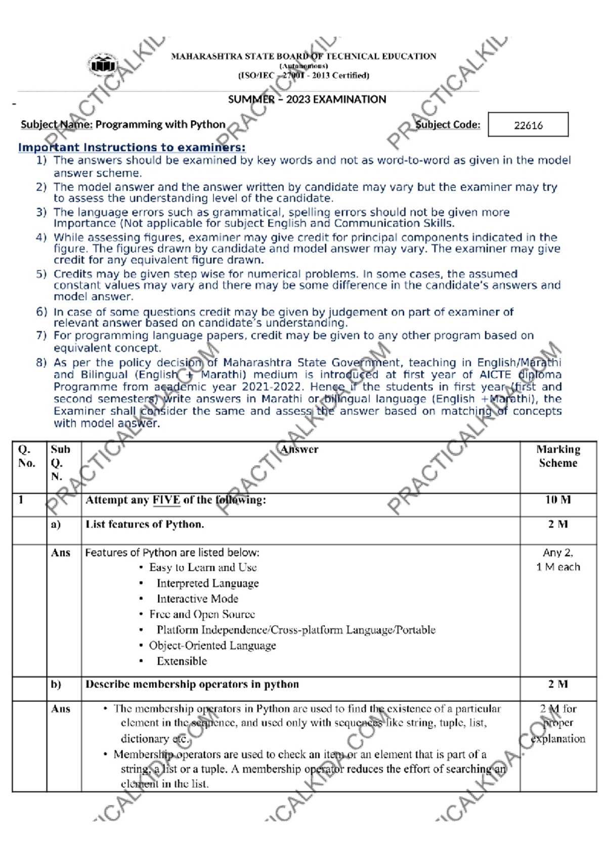 PWP Summer 2023 Question Paper - MAHARASHTRA STATE BOARD OF TECHNICAL ...