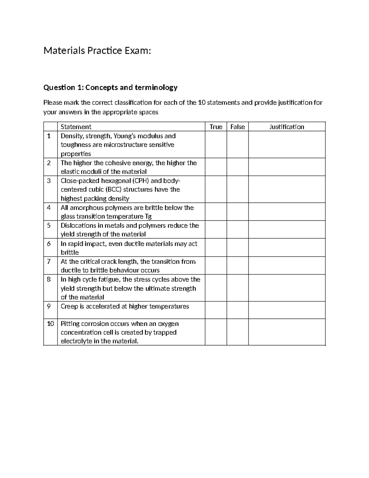 Materials Practice Exam: Concepts, Classifications & Justifications ...