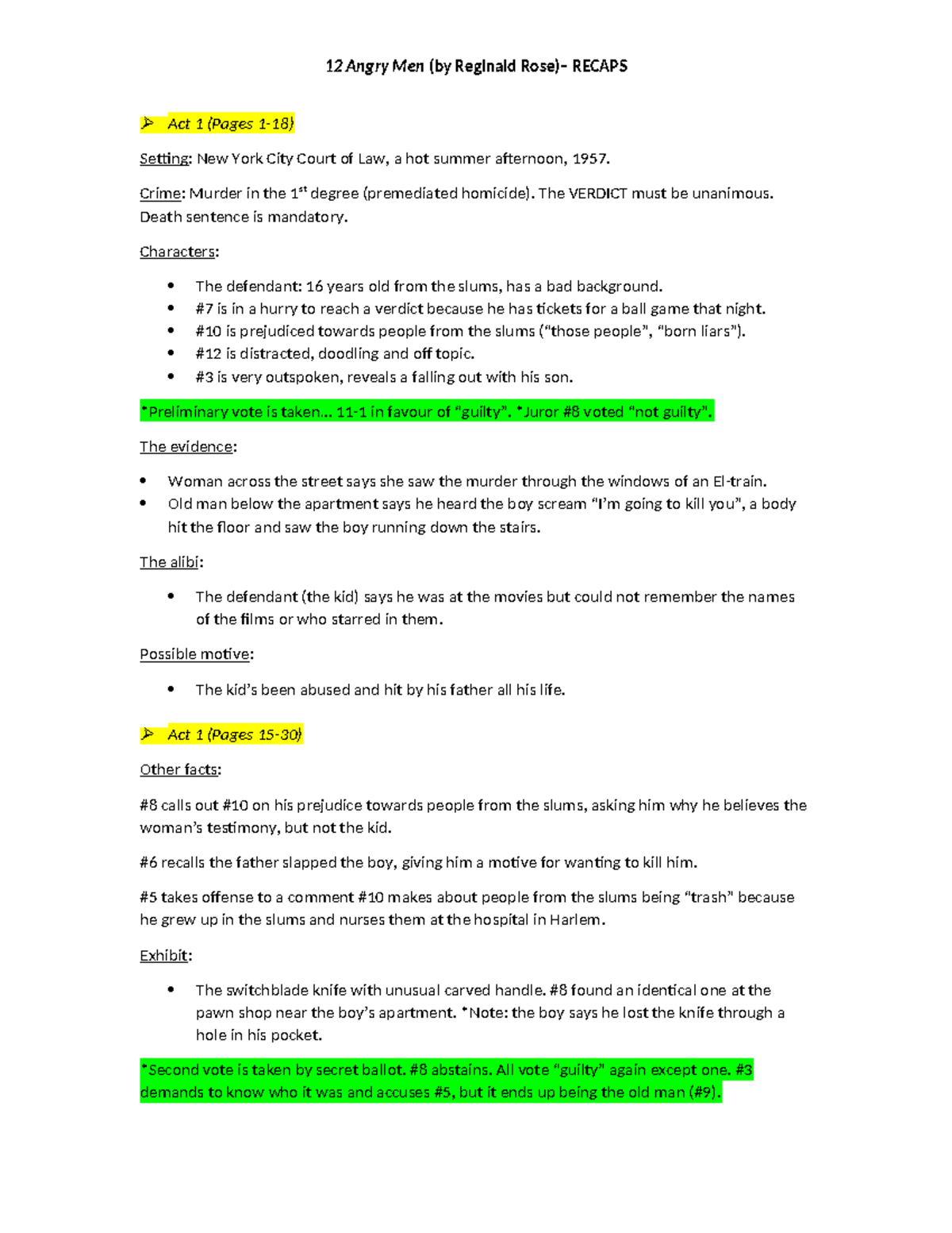 12 Angry Men (Reginald) Act 1 & 2 Recaps: Play Summary Analysis - Studocu