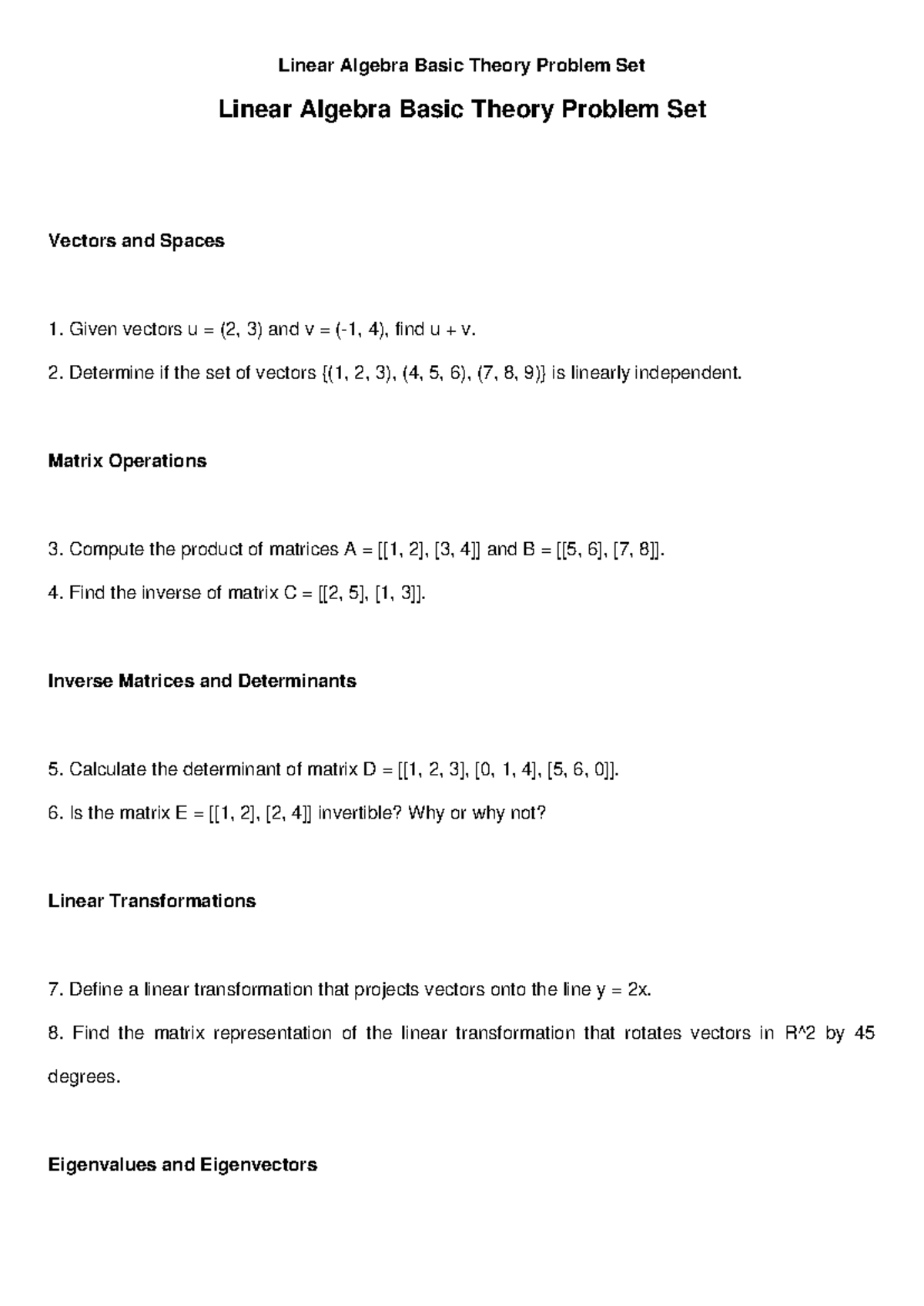 Linear Algebra Basic Theory Problem Set - Determine if the set of ...