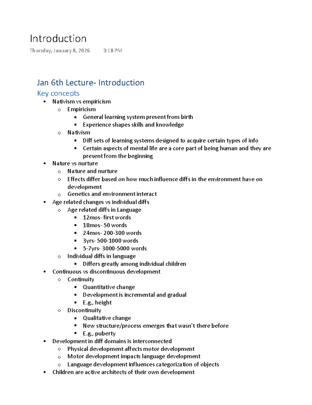 PSYC304 - Introduction Lecture Notes on Developmental Concepts - Studocu