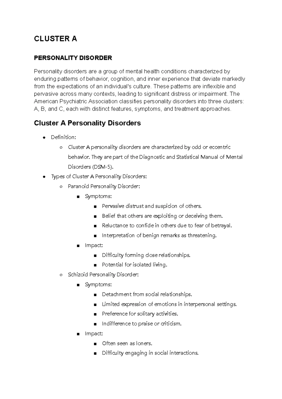 Cluster B Personality Disorders Overview and Characteristics - Studocu