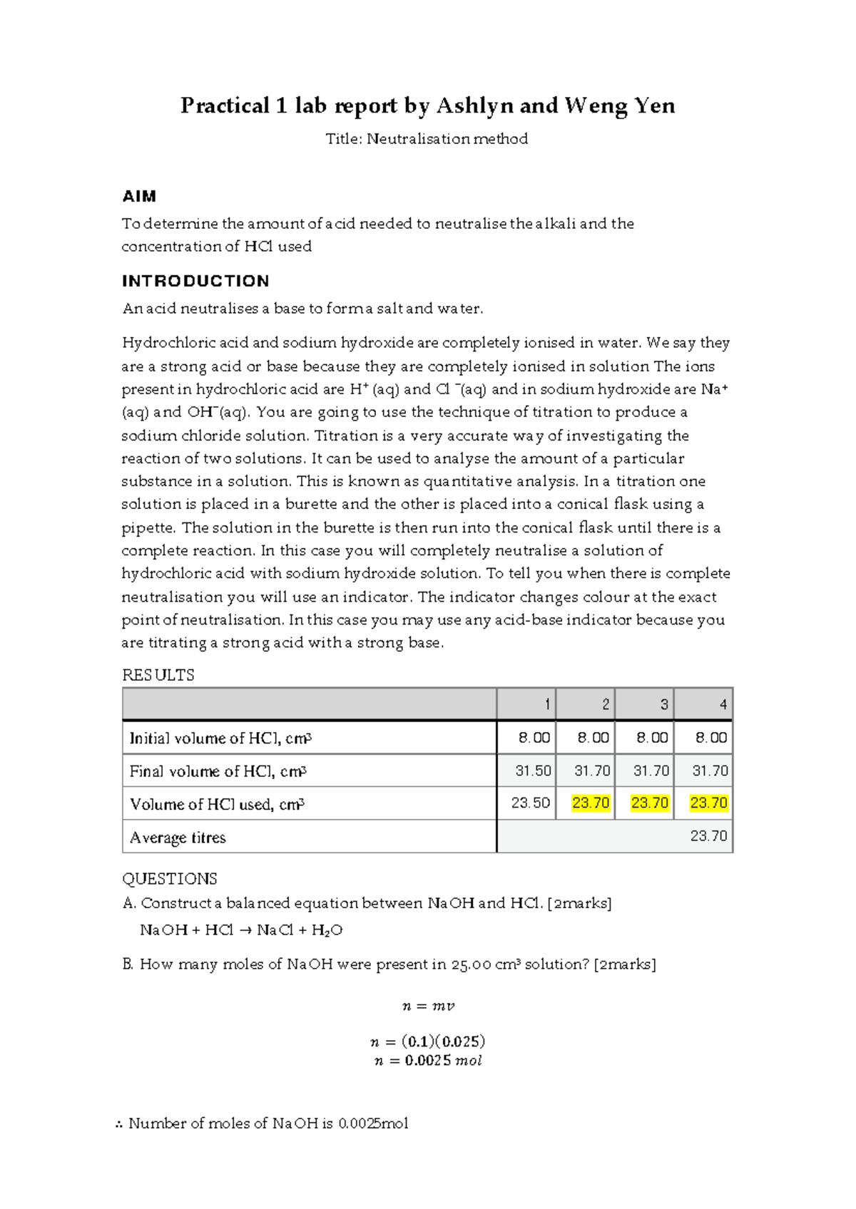 Practical 1 Lab Report: Neutralisation Method (Chem 101) - Studocu