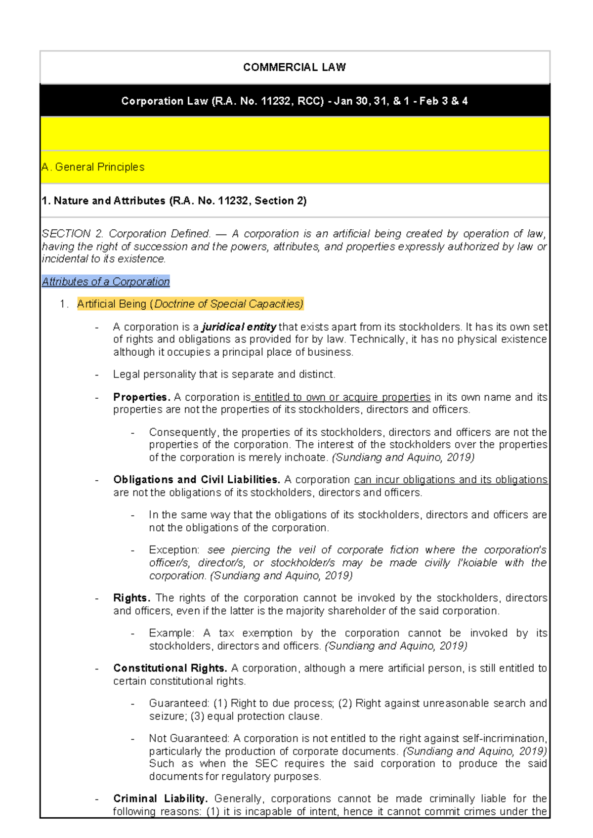 COMMERCIAL LAW Review Notes on Corporation Law (R.A. No. 11232, RCC ...