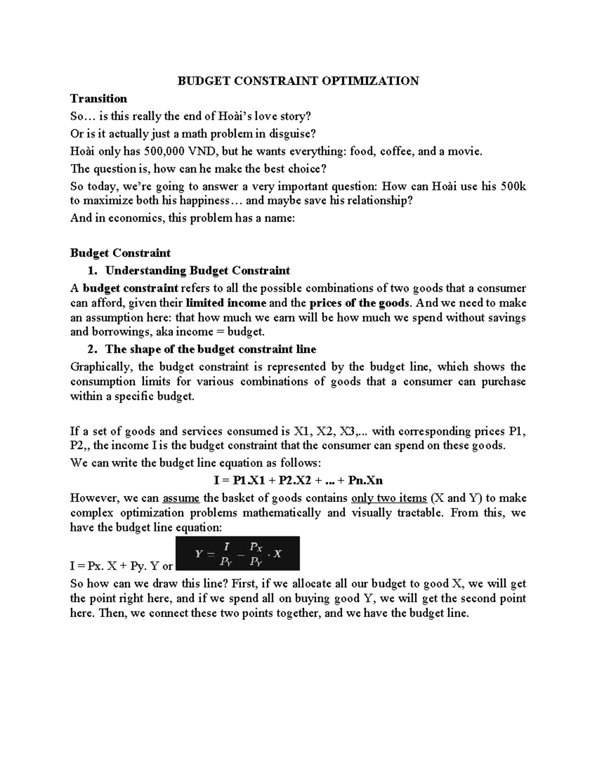 BUDGET CONSTRAINT OPTIMIZATION: A Case Study on Choices and Utility ...