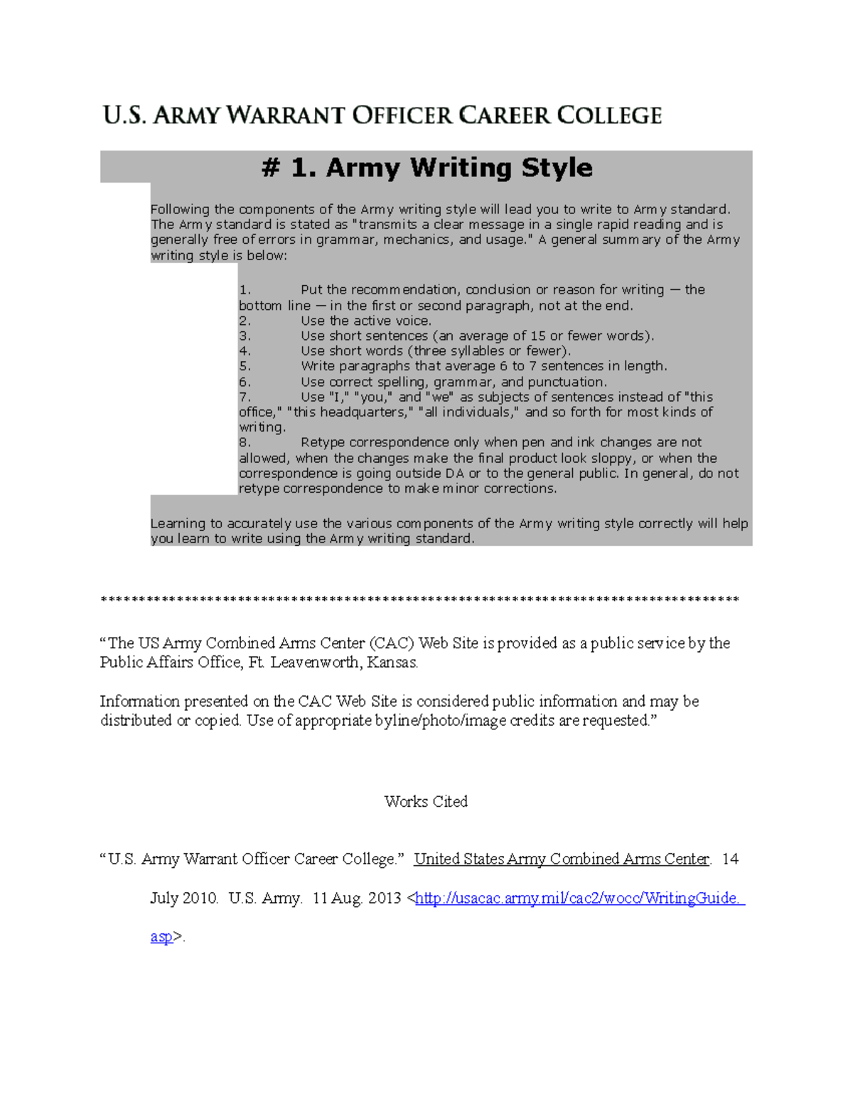 Military Writing-Mini Lessons - # 1. Army Writing Style Following the ...