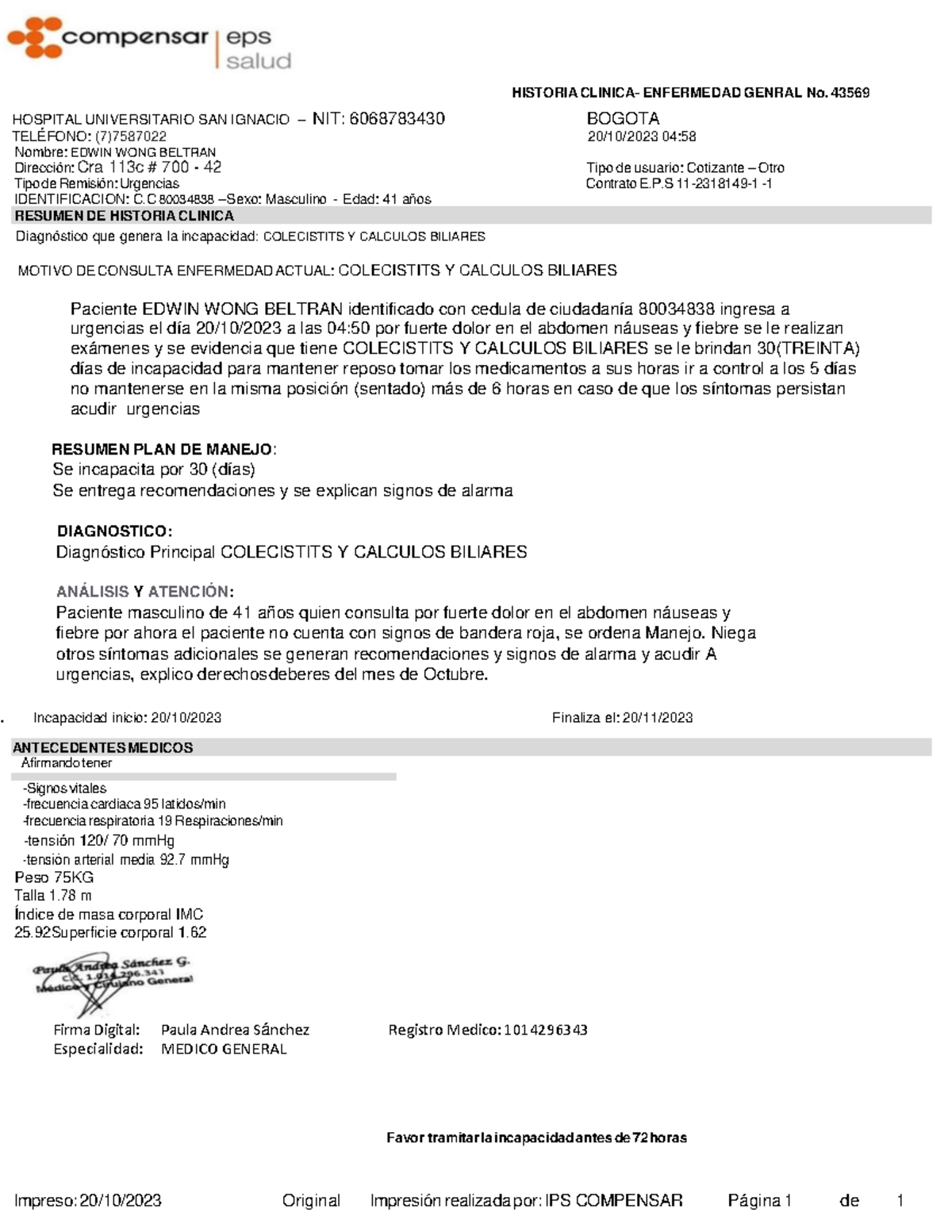 Historia Clínica Urgencias - Colecistitis y Cálculos Biliares B - Document Preview