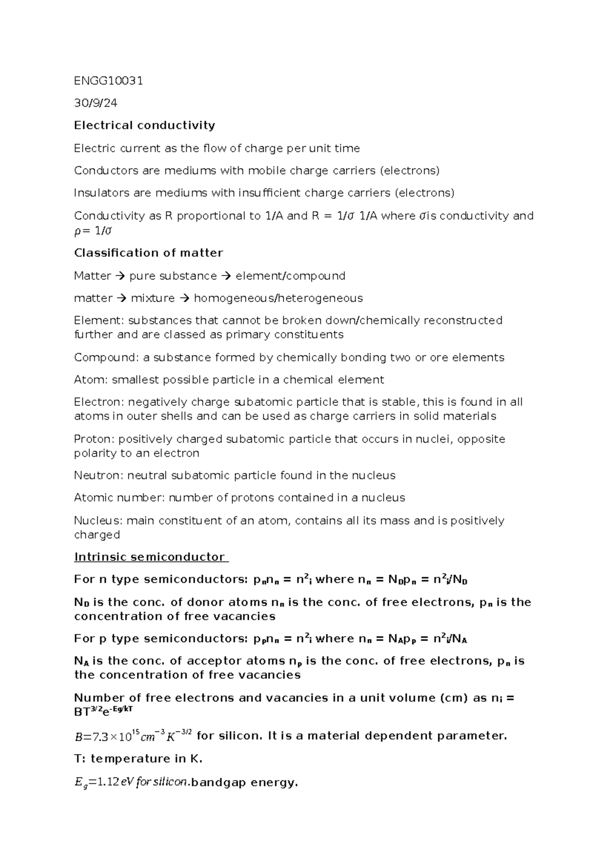 ENGG10031 Final Exam Notes on Electrical Conductivity and ...
