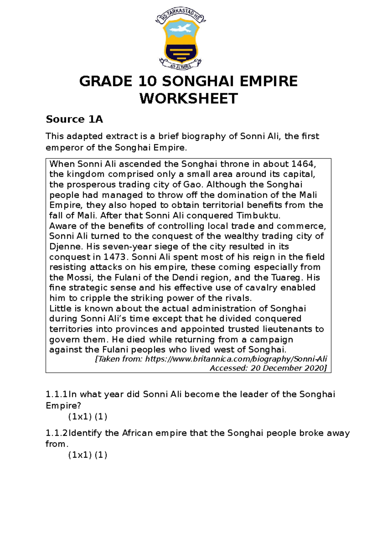 GRADE 10 SONGHAI EMPIRE WORKSHEET: Sonni Ali & Salt Trade Insights ...