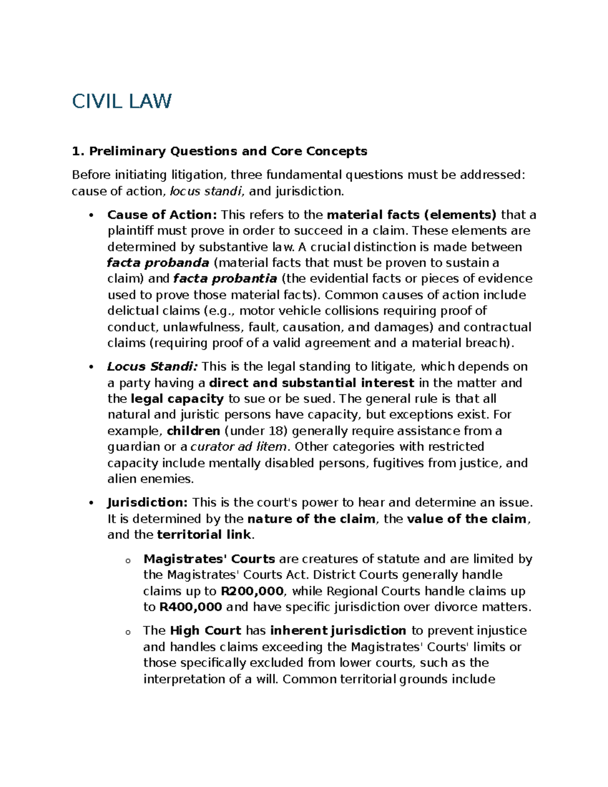 CIVIL LAW 1: Core Concepts & Litigation Process Overview - Studocu