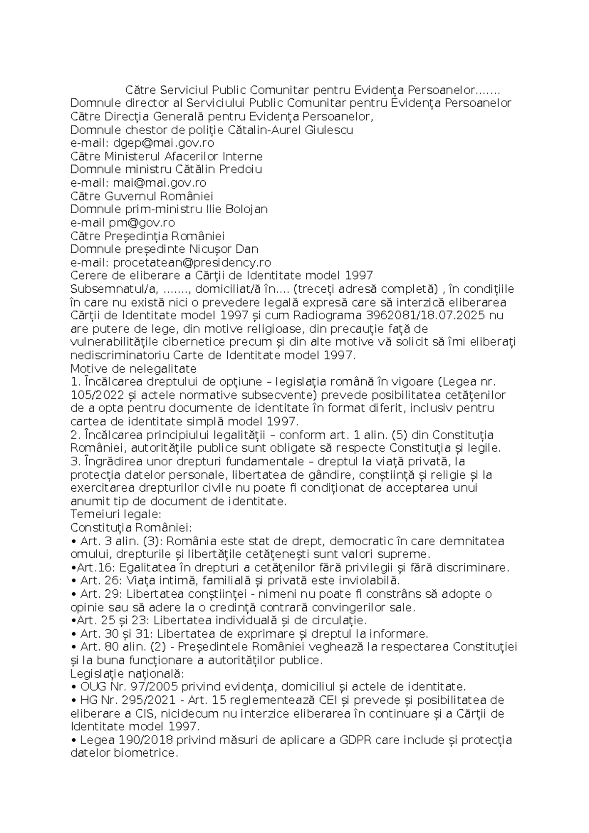 Cerere de Eliberare a Cărții de Identitate Model 1997 - Buletin Veche ...