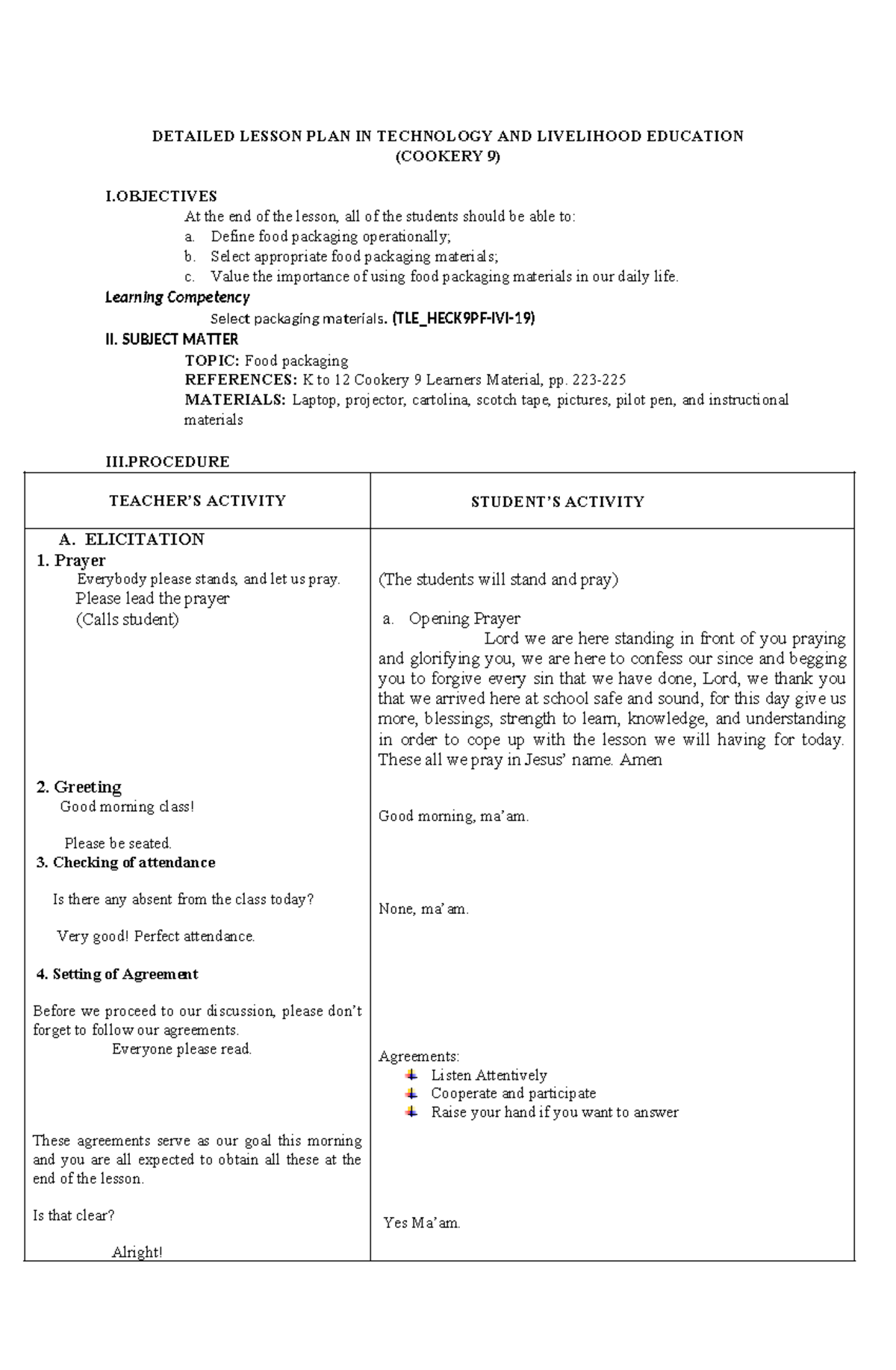Final DEMO Lesson Plan on Food Packaging (TLE_COK9) - Studocu