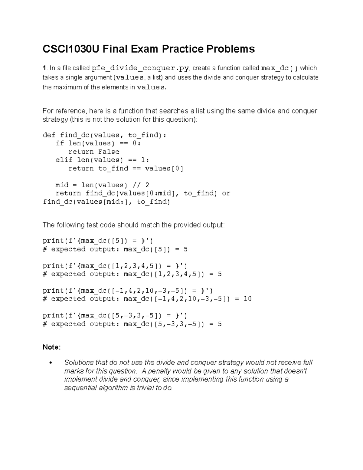 Final Exam Practice Problems F2024 - CSCI1030U Final Exam Practice ...