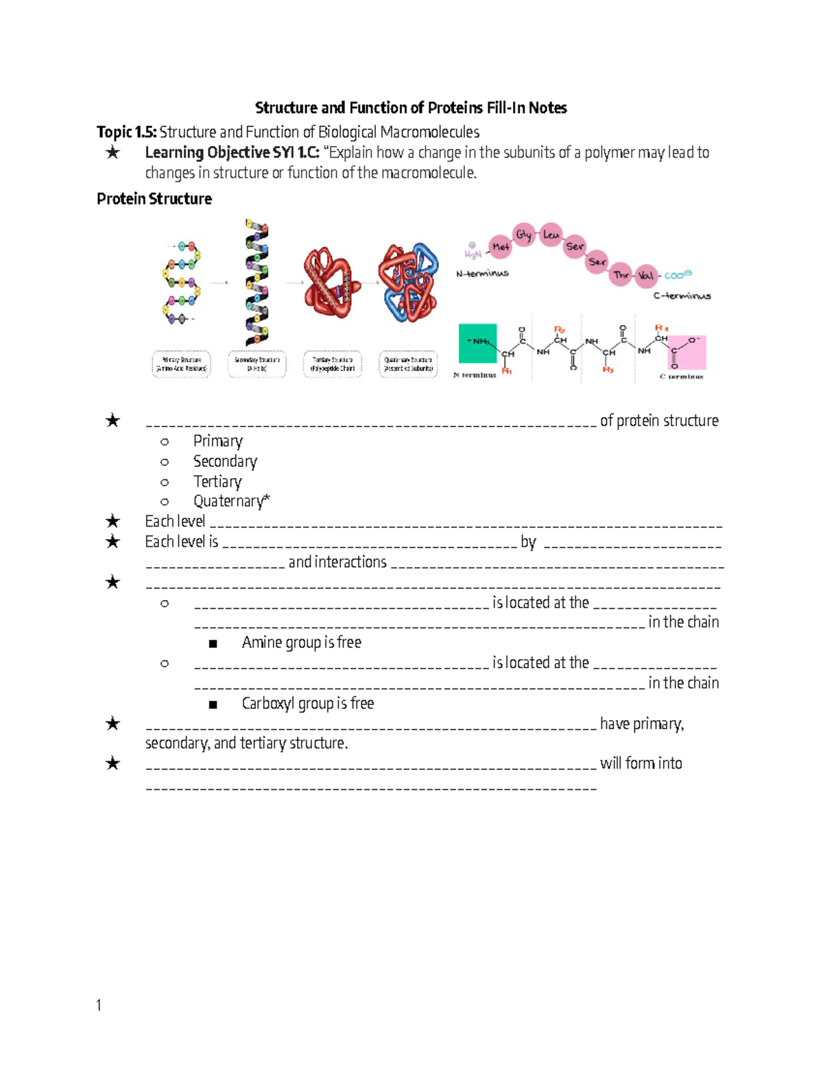 Structure and Function of Proteins - Fill-In Notes (BIO101) - Studocu