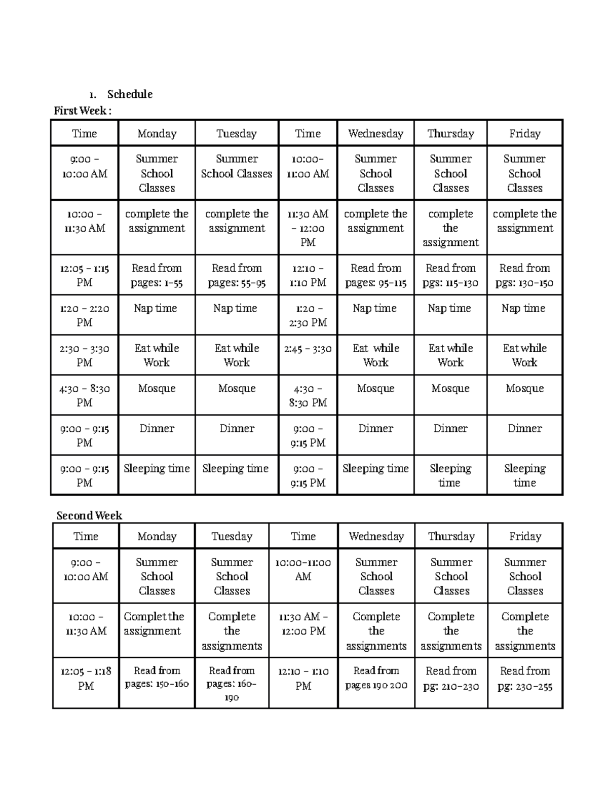 Final Copy of 8 Journal Entry - Schedule First Week : Time Monday ...
