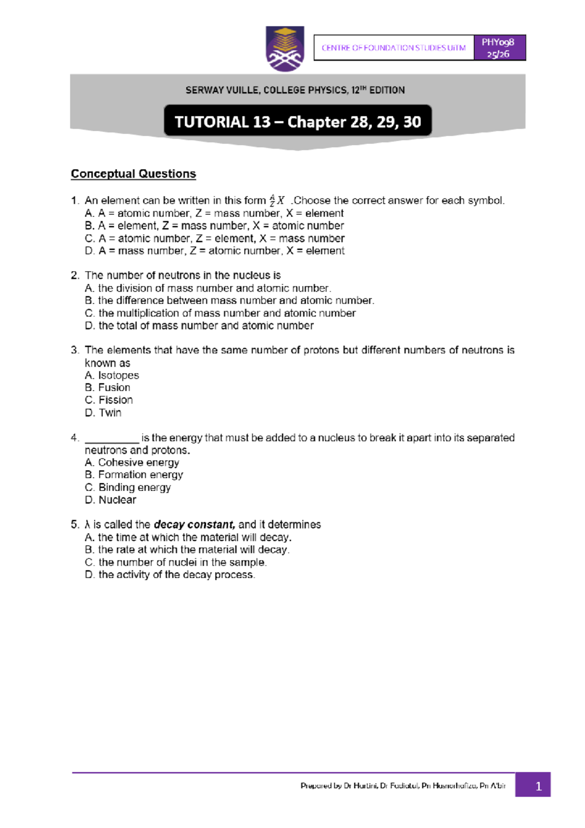 PHYo98 Tutorial 13: Conceptual Questions on Chapters 28-30 - Studocu