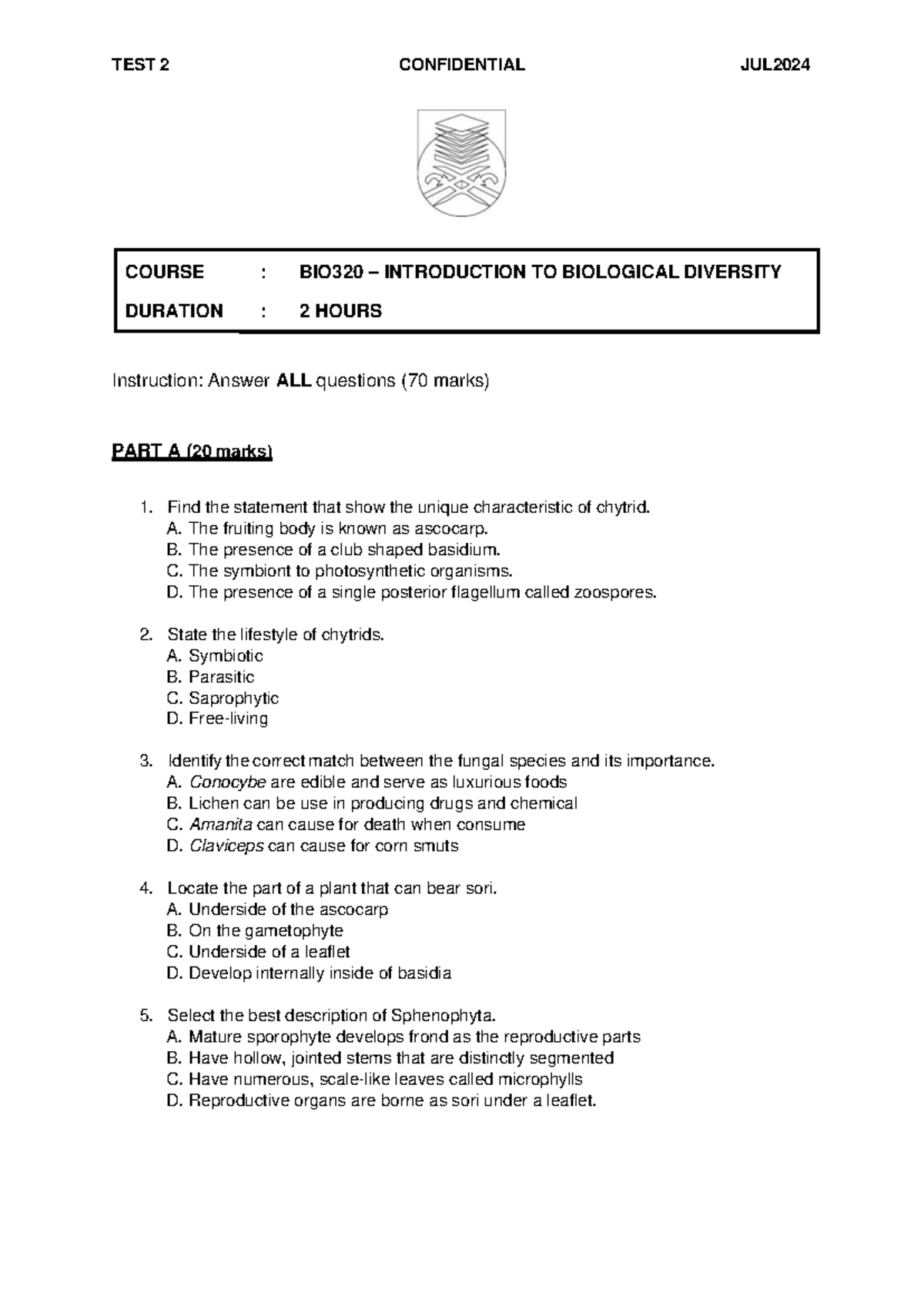 BIO320 TEST 2 - JULY 2024 - Final Exam Questions - Studocu