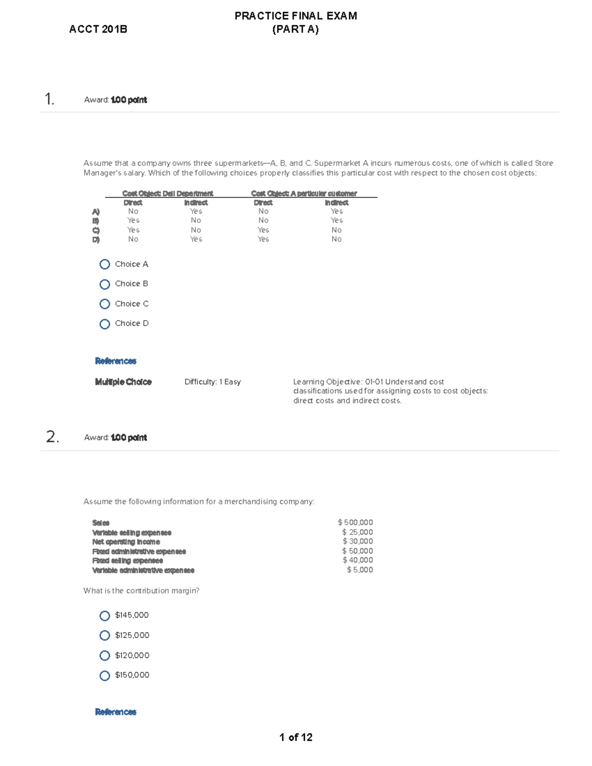 ACCT 201B - Practice Final Exam (Part A) Review and Analysis - Studocu