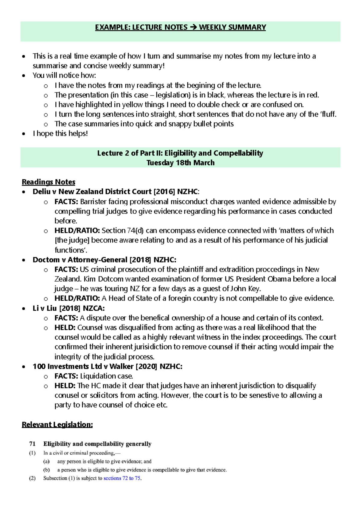 LAW 101: LECTURE NOTES WEEKLY SUMMARY - ELIGIBILITY & COMPELLABILITY ...