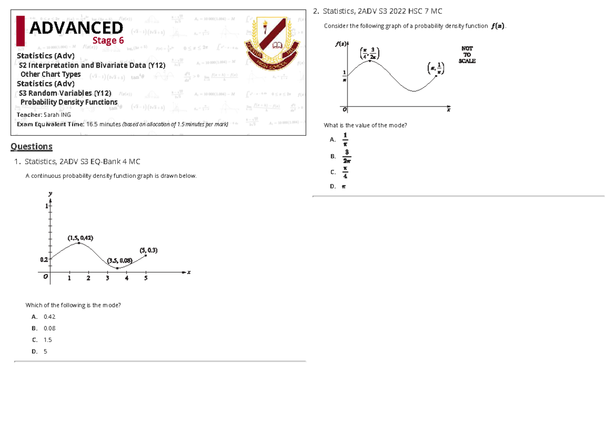 Statistics 2ADV S3: Probability Density Functions & Bivariate Data Exam ...
