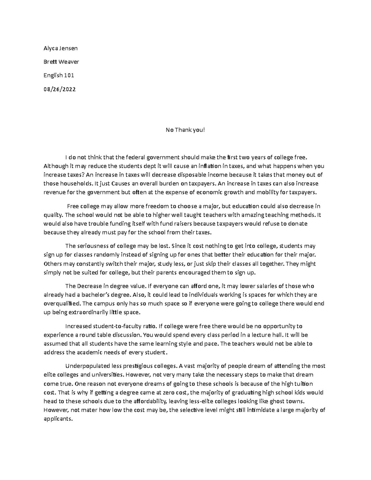 English 101 Essay Notes: Arguments Against Free College Education - Studocu