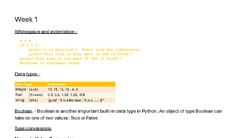 Python 2822 Notes: Weeks 1-7 Overview on Data Types and Functions - Studocu