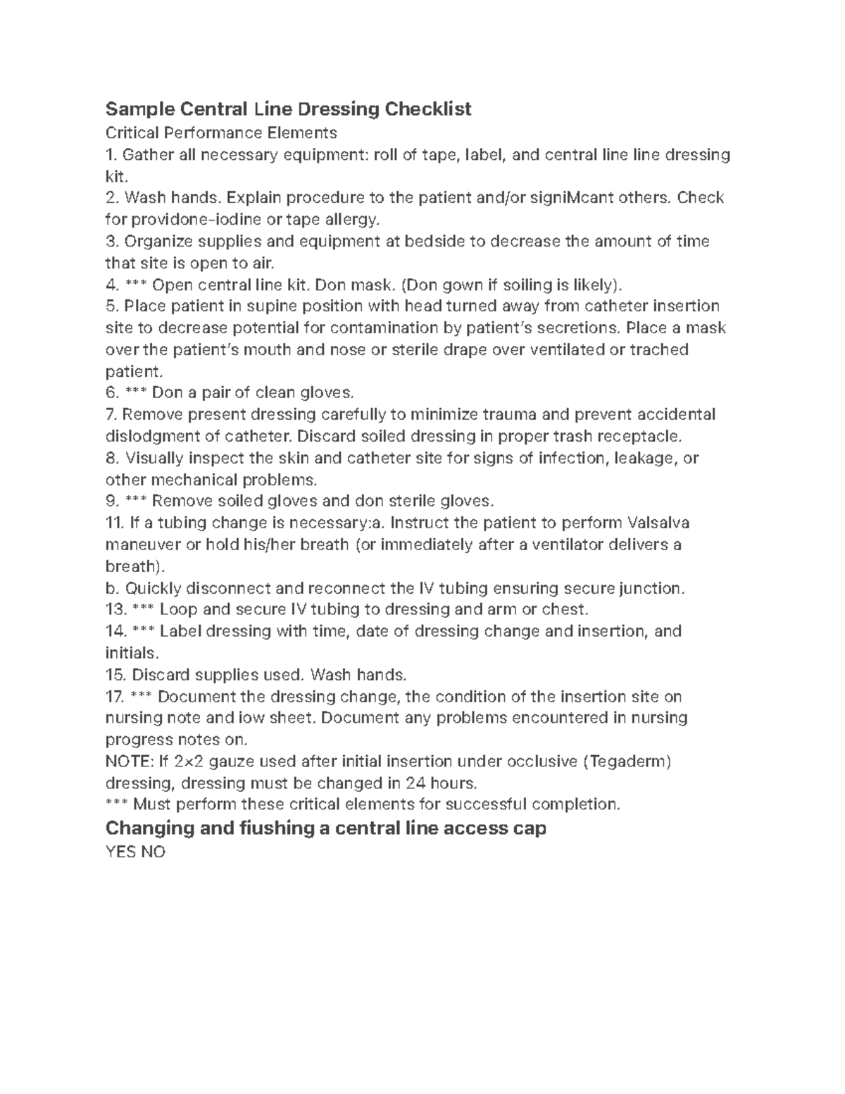 Sample Central Line Dressing & Cap Change Checklist - Studocu