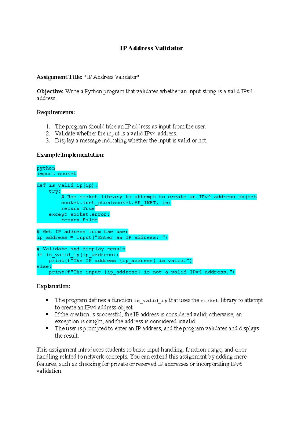IP Address Validator - IP Address Validator Assignment Title: "IP ...